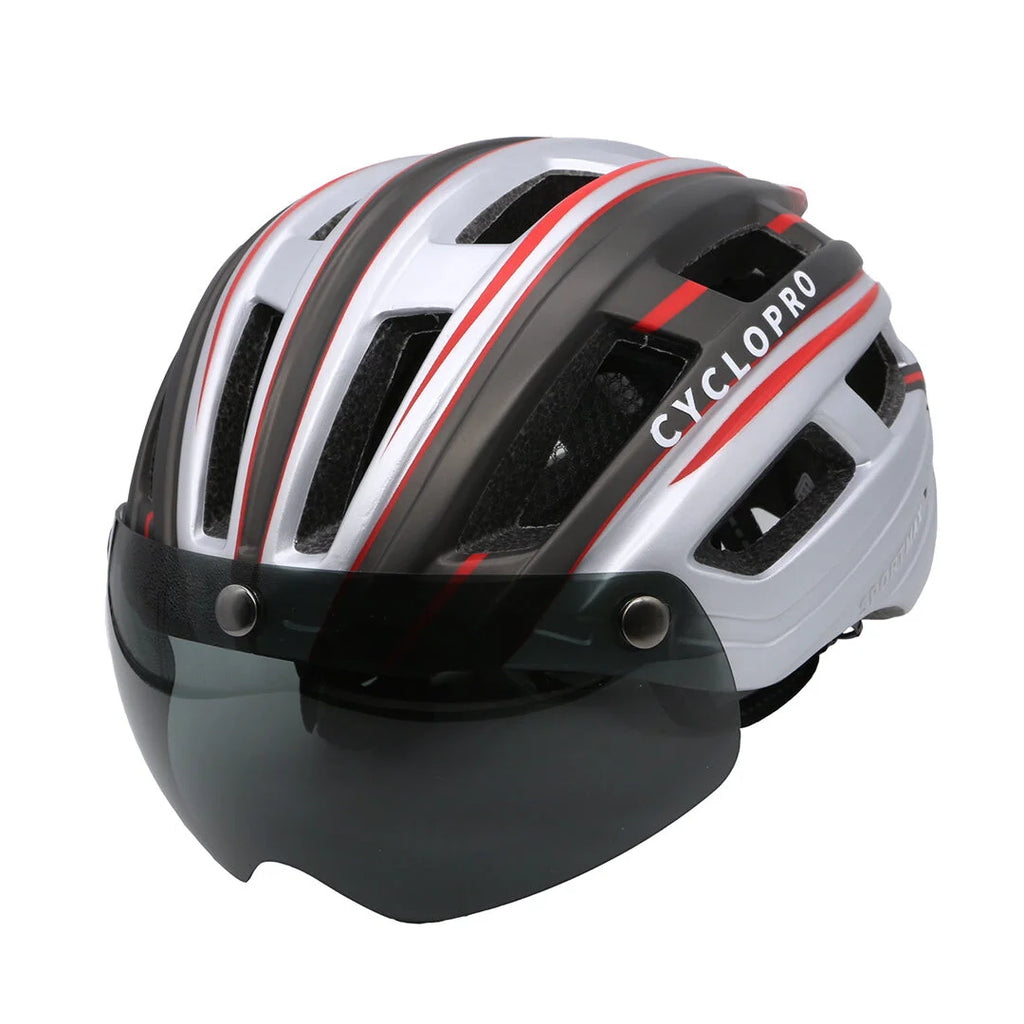 Casque vélo avec visière Argent et Rouge SportMax – CycloPro