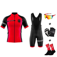 Eklïps de paquete de verano rojo completo - atuendo de ciclismo + mitones + calcetines + gafas